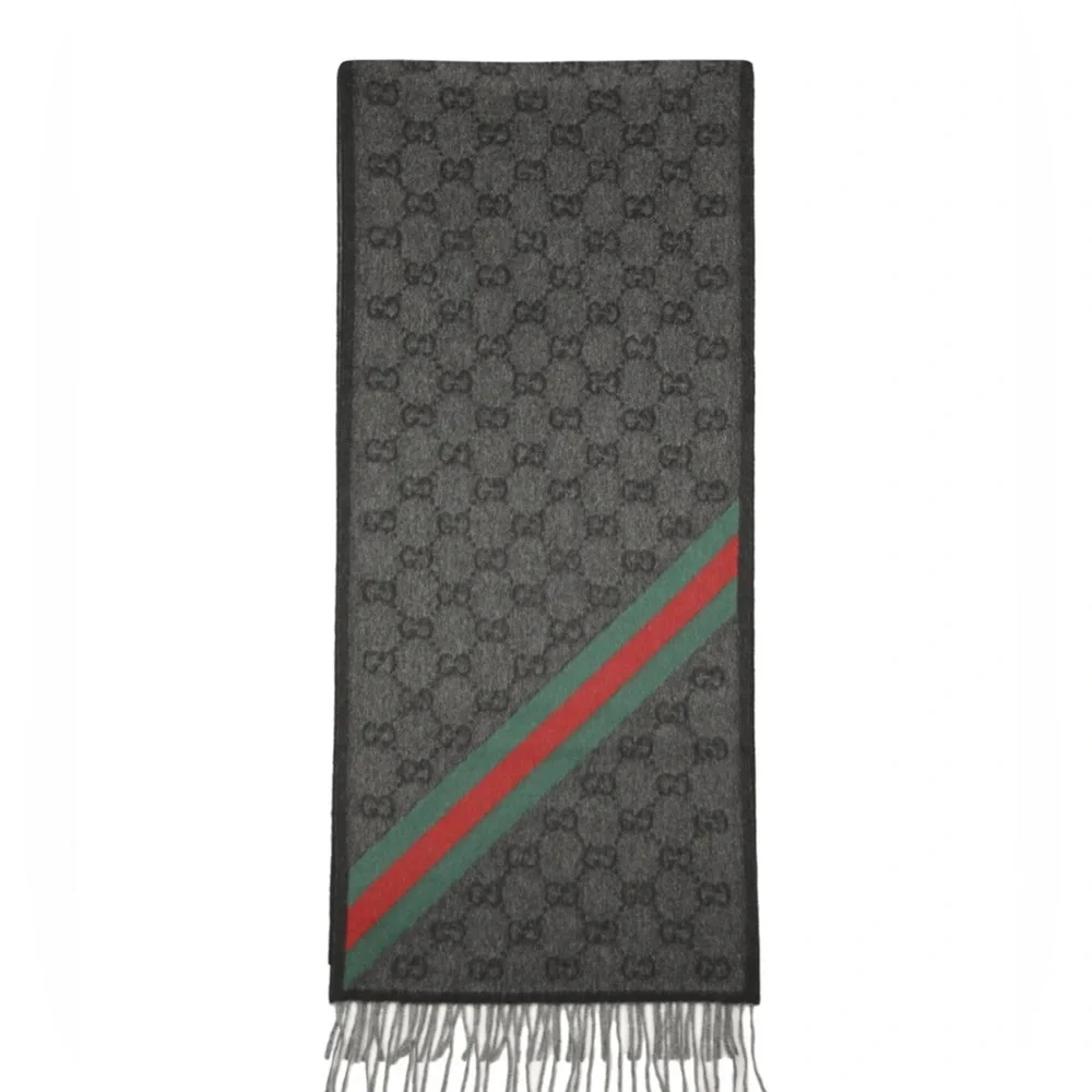Gucci Dark Gray black nikky Lana Scarf Red and Green stripe Wrap winter luxury - Picture 7 of 7